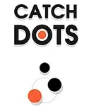 Tekstielementit CATCH DOTS ja niiden alapuolella on kolme pyöreää pistettä, yksi oranssi ja kaksi mustaa, valkoisella taustalla