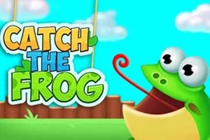 Piirretty vihreä sammakko sinisiä silmiä, sininen tausta ja teksti CATCH THE FROG