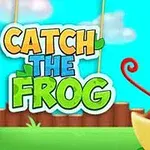 Piirretty vihreä sammakko sinisiä silmiä, sininen tausta ja teksti CATCH THE FROG