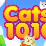 Kuvassa on kaksi kissaa värikkään Cats 1010 tekstin ympärillä