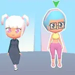 Kaksi anime-tyylistä hahmoa, joista vasemmalla on valkoiset hiukset ja musta mekko, ja oikealla on siniset hiukset, silmälasit, keltainen paita ja pinkit housut