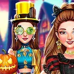 Kuvassa kaksi naista värikkäissä asuissa Halloween-teemaisessa ympäristössä, yksi pitää kurpitsaa kädessään