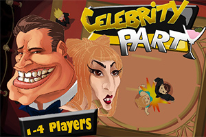 Sarjakuvatyylinen kuva, jossa on kaksi liioiteltua hahmoa ja teksti Celebrity Party