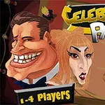 Sarjakuvatyylinen kuva, jossa on kaksi liioiteltua hahmoa ja teksti Celebrity Party