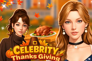 Kaksi juhlavasti pukeutunutta naista syksyisessä kiitospäiväaiheisessa ympäristössä, taustalla paistettu kalkkuna ja teksti Celebrity Thanksgiving