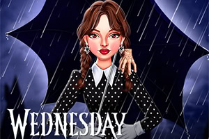 Celebrity Wednesday Addams Style Nuori nainen, jolla on tummat hiukset ja klassinen pukinruokopuku, seisoo sateessa mustan sateenvarjon alla, taustalla näkyy synkkä yö
