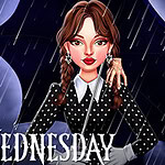 Celebrity Wednesday Addams Style Nuori nainen, jolla on tummat hiukset ja klassinen pukinruokopuku, seisoo sateessa mustan sateenvarjon alla, taustalla näkyy synkkä yö