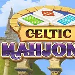 Värikäs kuva, jossa on kolme pelilaattaa kelttiläisillä kuvioilla, teksti Celtic Mahjong, linna ja kaaria taustalla