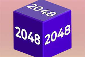 Violetti kuutio, jossa on valkoiset numerot 2048 kaikilla näkyvillä sivuilla vaaleanpunaisella taustalla
