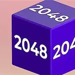 Violetti kuutio, jossa on valkoiset numerot 2048 kaikilla näkyvillä sivuilla vaaleanpunaisella taustalla