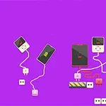 Kuva esittää kaksi mobiililaitetta, jotka on liitetty virtalähteisiin valkoisten johtojen kautta violettia taustaa vasten