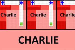 Kolme punaista ristikkoaluetta, joissa on sana Charlie ja siniset nuolimerkit ylhäällä sekä vihreät nuolimerkit keskellä, joiden alapuolella on suurella kirjoitettu CHARLIE
