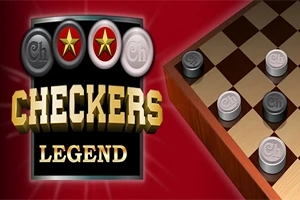Punaista taustaa vasten on teksti Checkers Legend ja shakkilauta nappuloilla
