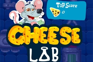 Piirretty hiiri silmälaseilla juustoteemaisen otsikon Cheese Lab yläpuolella sinisellä taustalla