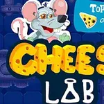 Piirretty hiiri silmälaseilla juustoteemaisen otsikon Cheese Lab yläpuolella sinisellä taustalla
