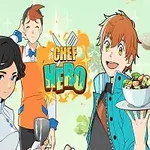 Kolme animoitua henkilöä ruudullisella vihreällä taustalla keskellä teksti Chef Hero, oikealla henkilö pitelee salaattikulhoa