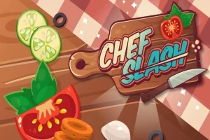 Puuinen leikkuulauta, veitsi, viipaloituja kasviksia ja teksti Chef Slash ruudullisen pöytäliinan päällä