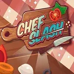 Puuinen leikkuulauta, veitsi, viipaloituja kasviksia ja teksti Chef Slash ruudullisen pöytäliinan päällä