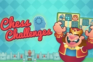 Sarjakuvahahmo iloisena pitämässä shakkilautaa, taustalla on linnanmuureja ja teksti Chess Challenges
