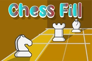 Kolme valkoista shakkipeliä: ratsu, torni ja lähetti, ruskeaa ruudukkoa vasten, värikkäällä tekstillä Chess Fill