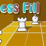 Kolme valkoista shakkipeliä: ratsu, torni ja lähetti, ruskeaa ruudukkoa vasten, värikkäällä tekstillä Chess Fill