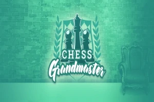 Logo, jossa on kaksi shakkipelinappulaa, teksti Chess Grandmaster ja seinää vasten nojautuva tyylikäs tuoli