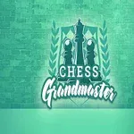 Logo, jossa on kaksi shakkipelinappulaa, teksti Chess Grandmaster ja seinää vasten nojautuva tyylikäs tuoli