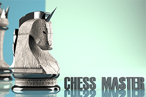 Hevoshahmuinen shakkinappula ja teksti CHESS MASTER vaaleansinisellä taustalla