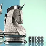 Hevoshahmuinen shakkinappula ja teksti CHESS MASTER vaaleansinisellä taustalla