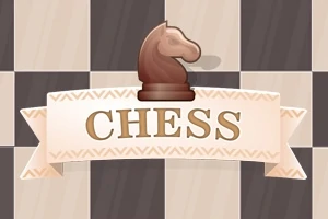 Ruutukuvioisella pohjalla on shakkiratsu ja kirjaimet CHESS tyylitellyn nauhan päällä
