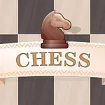 Ruutukuvioisella pohjalla on shakkiratsu ja kirjaimet CHESS tyylitellyn nauhan päällä