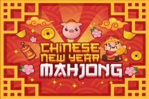 Punaisella taustalla kiinalaisia juhla-aiheita kuten kultakolikoita, ilotulitteita, possu ja kukkia, sekä teksti Chinese New Year Mahjong