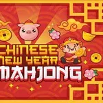 Punaisella taustalla kiinalaisia juhla-aiheita kuten kultakolikoita, ilotulitteita, possu ja kukkia, sekä teksti Chinese New Year Mahjong