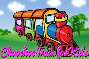 Värikäs piirrosjuna vihreällä niityllä sinisen taivaan alla, tekstillä Choochoo Train for Kids