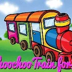 Värikäs piirrosjuna vihreällä niityllä sinisen taivaan alla, tekstillä Choochoo Train for Kids