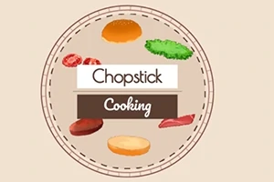 Hampurilaisen ainekset piirrettynä ympyrän muotoisen tunnuksen ympärillä, jossa lukee Chopstick Cooking