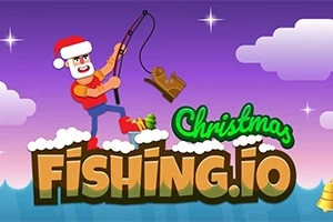 Mies joulupukin hatussa onkimassa, värikäs tausta ja pilviä, teksti Christmas Fishing