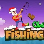 Mies joulupukin hatussa onkimassa, värikäs tausta ja pilviä, teksti Christmas Fishing