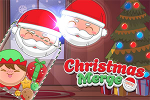 Jouluteemainen kuva, jossa joulukuusi, hymyilevä tonttu ja kaksi nauravaa joulupukkia, värikkäitä koristeita ja teksti Christmas Merge