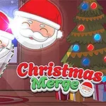 Jouluteemainen kuva, jossa joulukuusi, hymyilevä tonttu ja kaksi nauravaa joulupukkia, värikkäitä koristeita ja teksti Christmas Merge