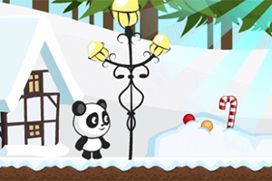 Panda seisoo talvisessa maisemassa, jossa on lyhtypylväs, lumipeitteinen mökki ja lumipenkka karkkikepin kanssa