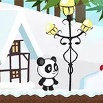Panda seisoo talvisessa maisemassa, jossa on lyhtypylväs, lumipeitteinen mökki ja lumipenkka karkkikepin kanssa