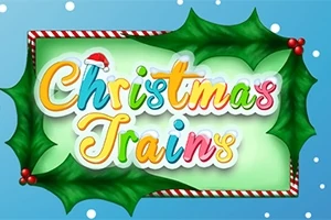 Kirjaimet Christmas Trains jouluisessa tyylissä, ympärillä koristeellisia mistelinlehtiä ja lumihiutaleita