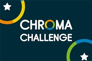 Tekstissä lukee Chroma Challenge tummansinisellä taustalla, ympäröitynä värikkäillä kehillä ja tähdillä