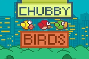 Kolme pikselöityä lintua lentämässä kaupungin siluetin edessä, tekstillä CHUBBY BIRDS