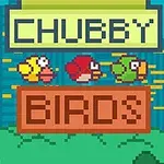 Kolme pikselöityä lintua lentämässä kaupungin siluetin edessä, tekstillä CHUBBY BIRDS