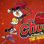 Animoituja hahmoja, mukaan lukien lentävä kana, punaisella taustalla, keskellä teksti Chuck Chicken The Magic Egg