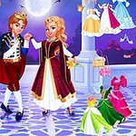 Prinsessa ja prinssi tanssivat linnan parvekkeella kuutamossa, ympärillään lukuisia värikkäitä vaatteita ja asusteita