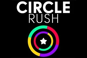 Värikkäitä ympyröitä mustalla taustalla, keskellä valkoinen tähti ja yläpuolella teksti Circle Rush