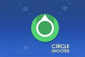 Vihreä ympyrä valkoisella nuolella sinisellä taustalla, jossa lukee Circle Shooter